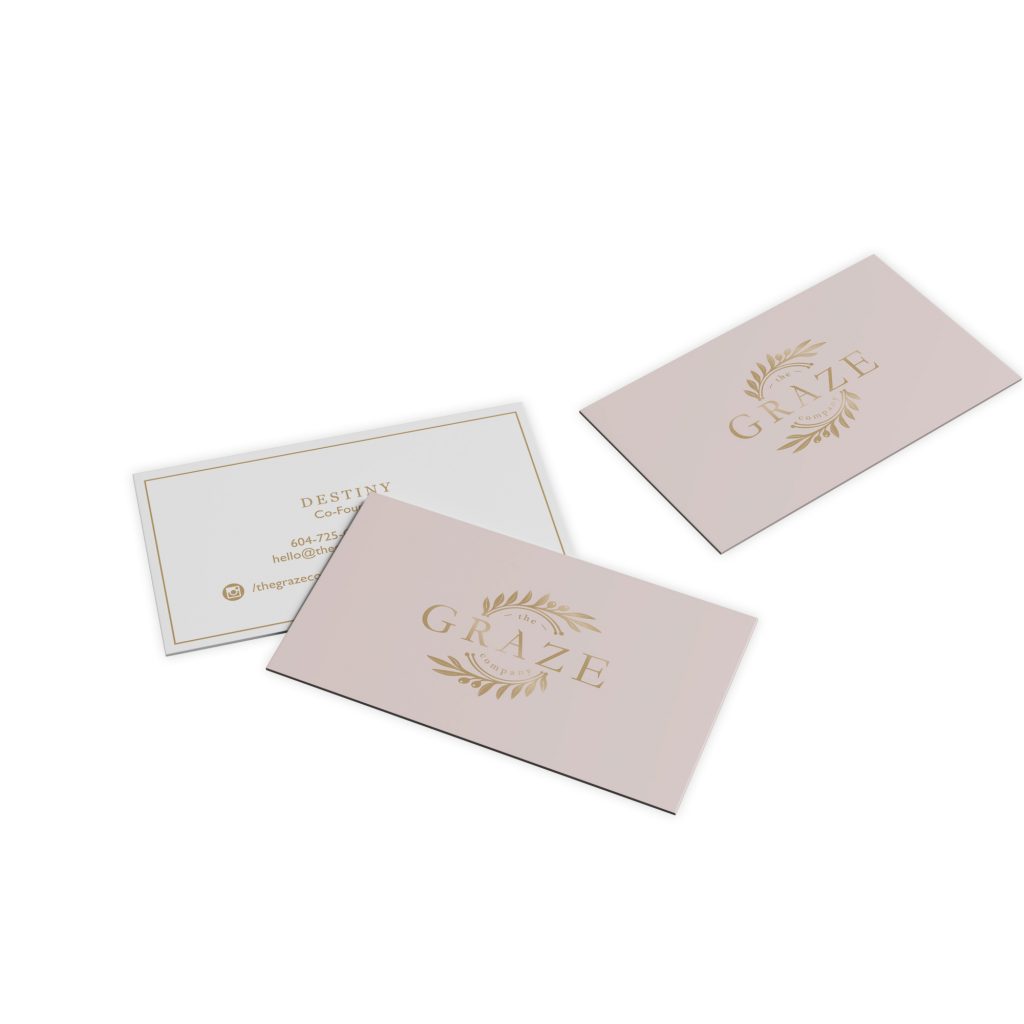 Minimalist luxury business card design for custom graze boards company