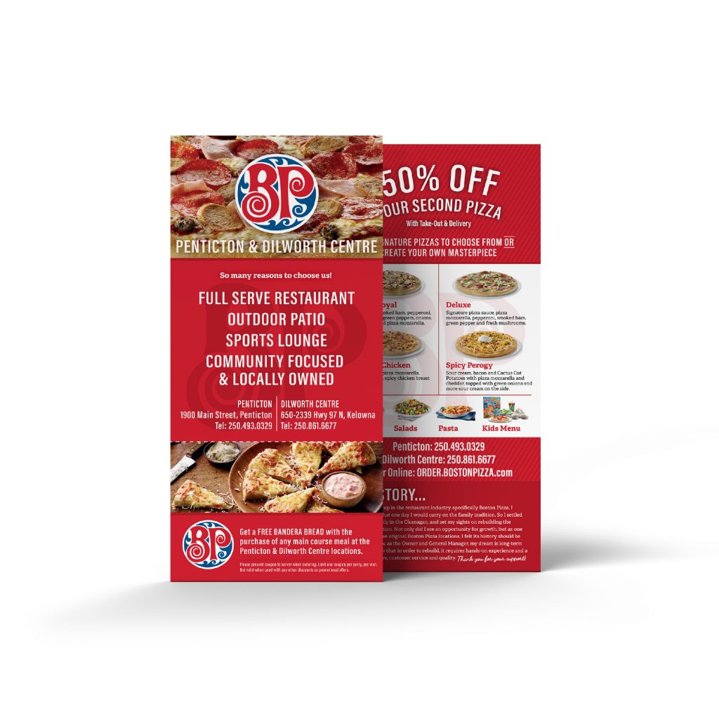 Rack card design for Boston Pizza Penticton